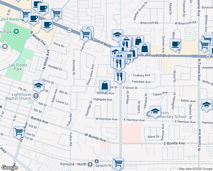 map of restaurants, bars, coffee shops, grocery stores, and more near 222 West Grove Street in Pomona