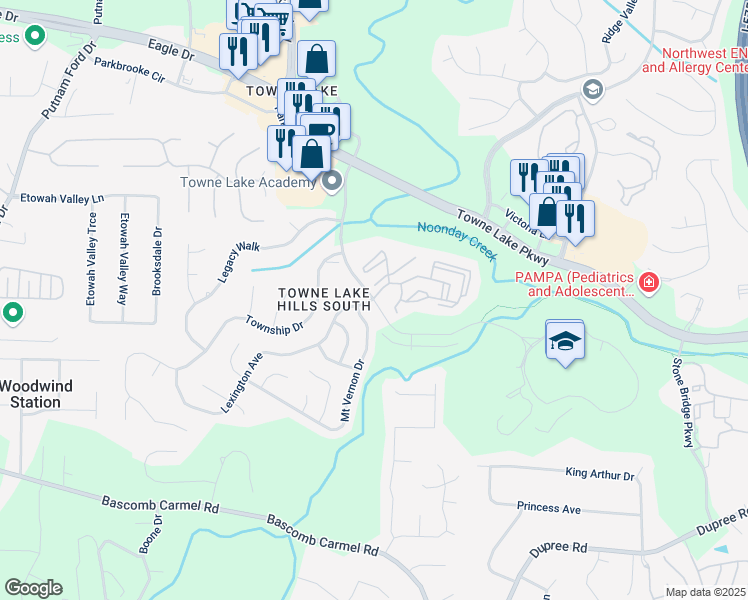 map of restaurants, bars, coffee shops, grocery stores, and more near 1000 Towne Lake Hills South Drive in Woodstock