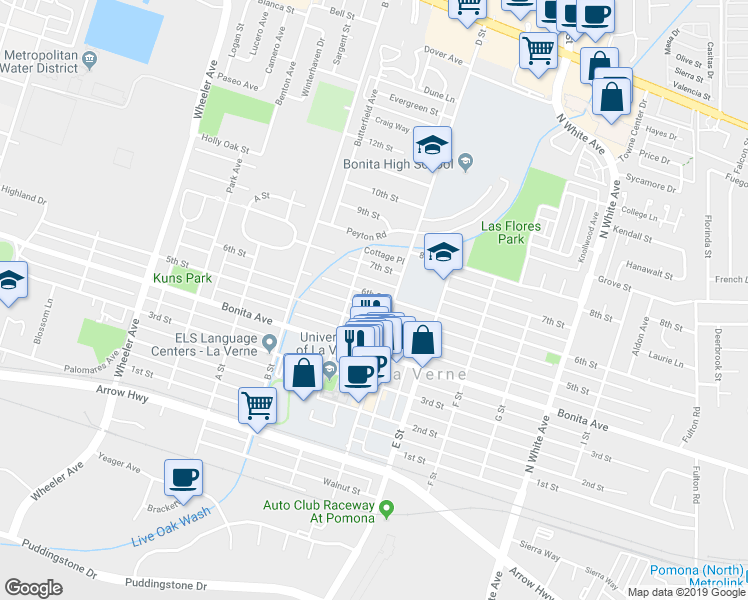 map of restaurants, bars, coffee shops, grocery stores, and more near 2048 6th Street in La Verne