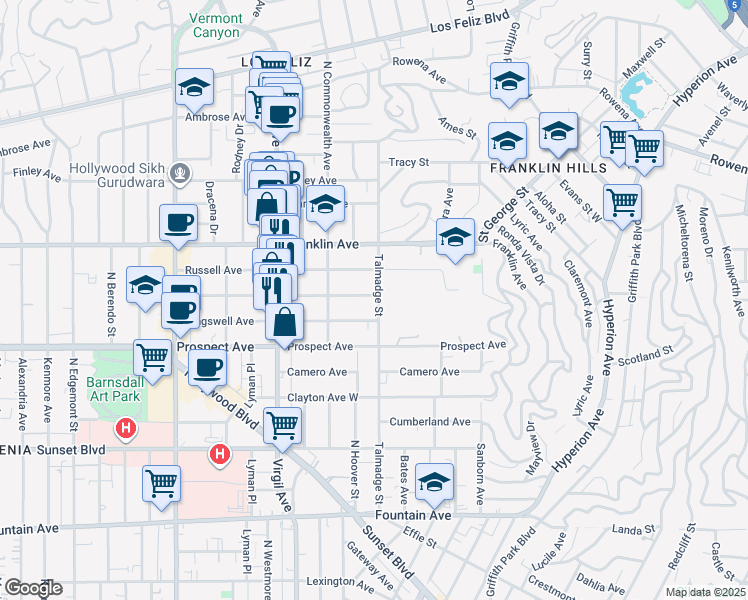 map of restaurants, bars, coffee shops, grocery stores, and more near 4300 Melbourne Avenue in Los Angeles