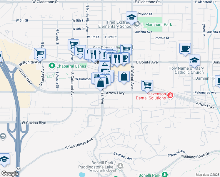 map of restaurants, bars, coffee shops, grocery stores, and more near 195 East Arrow Highway in San Dimas