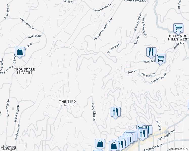 map of restaurants, bars, coffee shops, grocery stores, and more near 1867 Rising Glen Road in Los Angeles