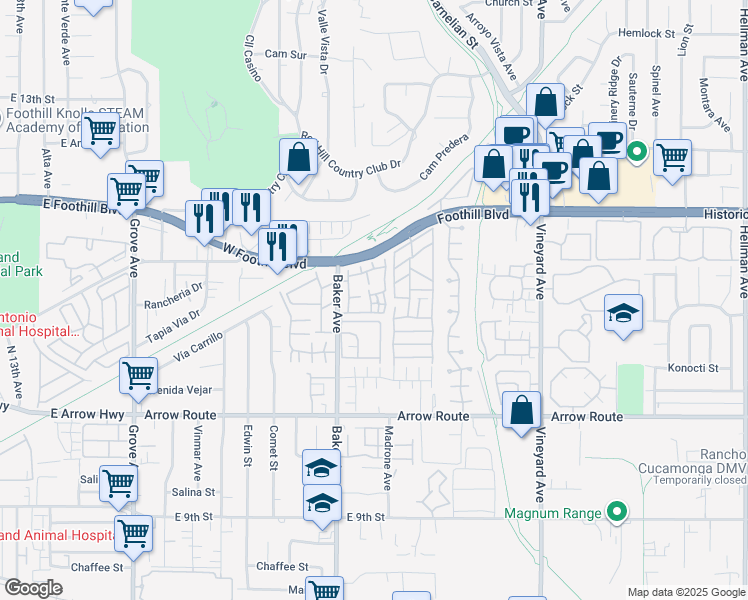 map of restaurants, bars, coffee shops, grocery stores, and more near 9500 7th Street in Rancho Cucamonga