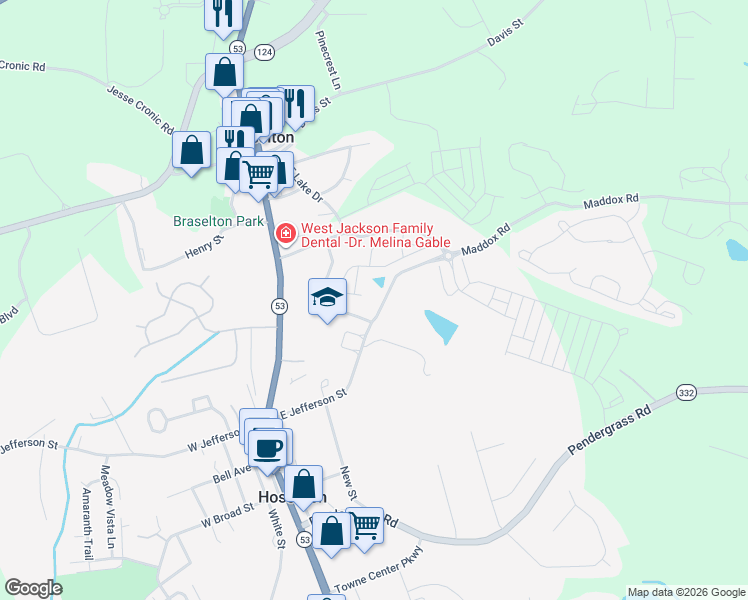map of restaurants, bars, coffee shops, grocery stores, and more near 455 E Jefferson St in Hoschton