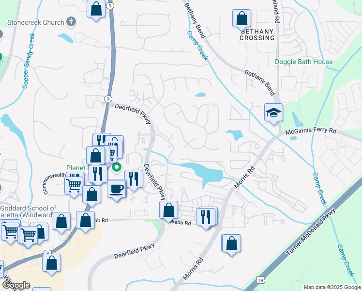 map of restaurants, bars, coffee shops, grocery stores, and more near 415 Feyston Court in Alpharetta