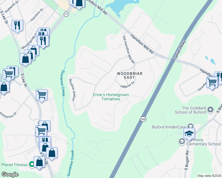 map of restaurants, bars, coffee shops, grocery stores, and more near 2197 Woodbriar Drive in Buford