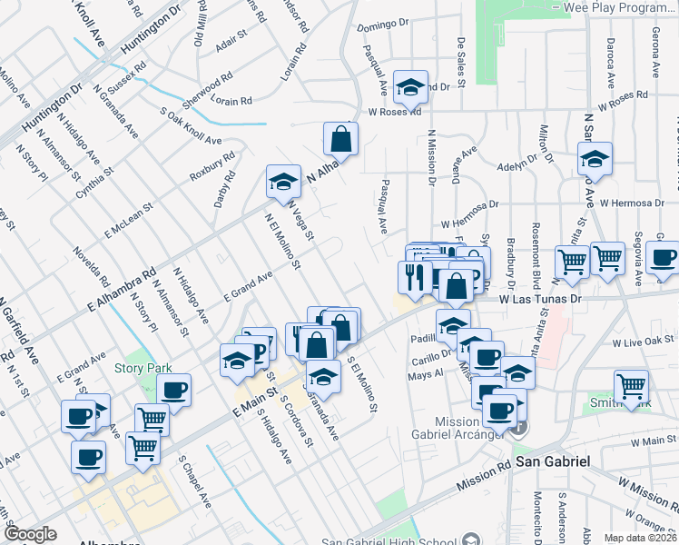 map of restaurants, bars, coffee shops, grocery stores, and more near North Vega Street in Alhambra