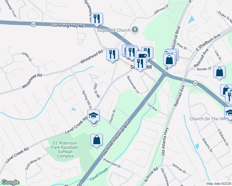 map of restaurants, bars, coffee shops, grocery stores, and more near 1071 Level Creek Road in Buford
