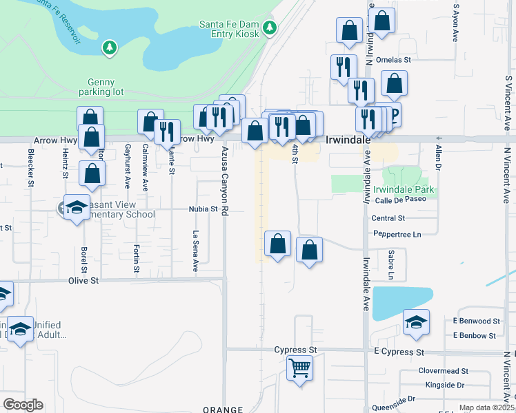map of restaurants, bars, coffee shops, grocery stores, and more near Azusa Canyon Road in Irwindale