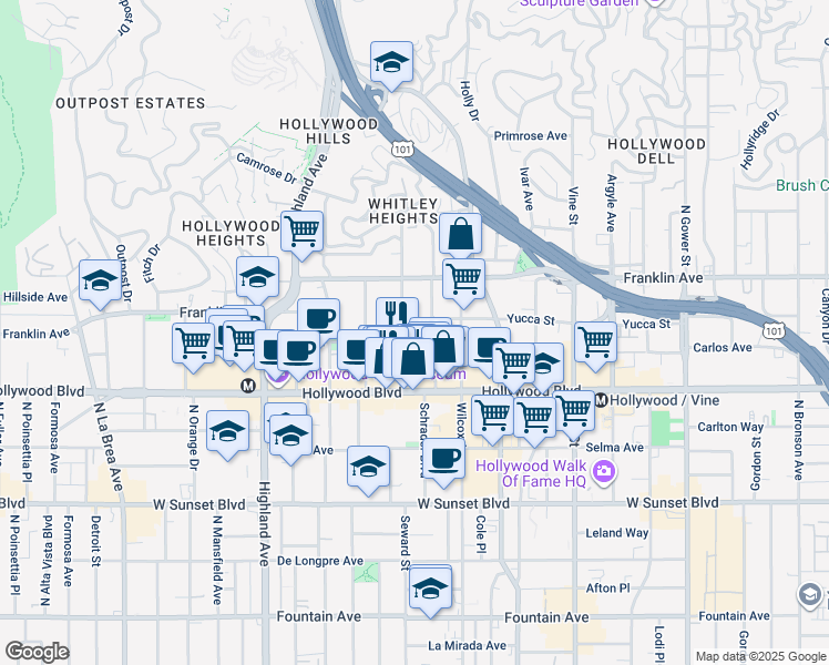 map of restaurants, bars, coffee shops, grocery stores, and more near 1800 Whitley Avenue in Los Angeles