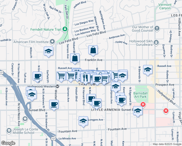 map of restaurants, bars, coffee shops, grocery stores, and more near 1758 North Kingsley Drive in Los Angeles
