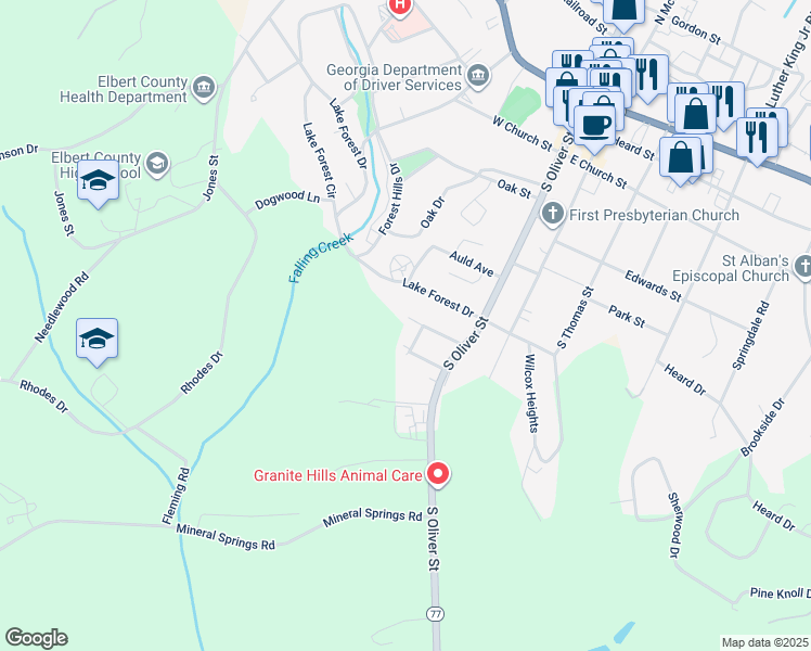 map of restaurants, bars, coffee shops, grocery stores, and more near 61 Arnold Street in Elberton