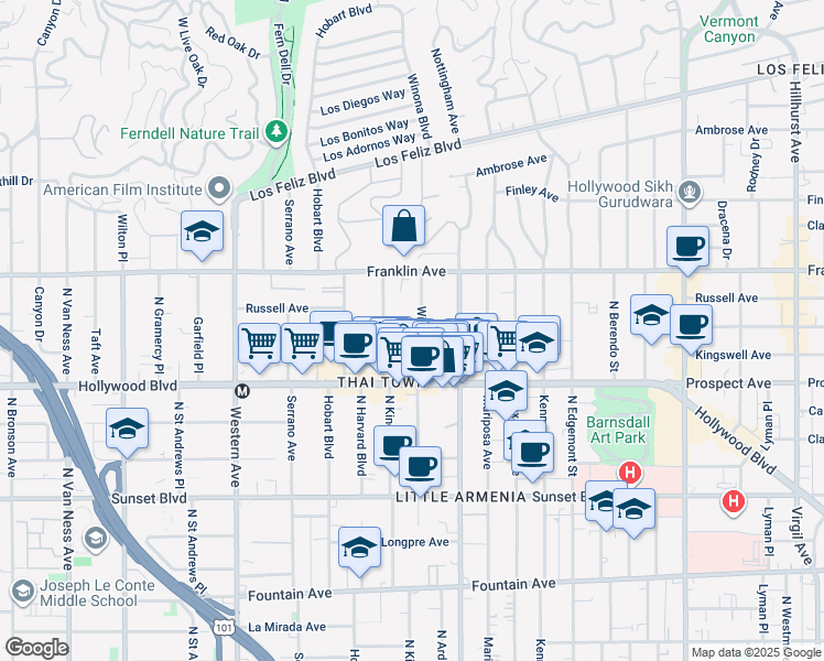 map of restaurants, bars, coffee shops, grocery stores, and more near 1820 3/4 Winona Boulevard in Los Angeles
