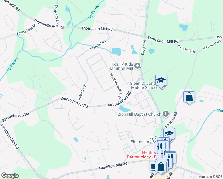 map of restaurants, bars, coffee shops, grocery stores, and more near 4145 Bradford Walk Trail in Buford