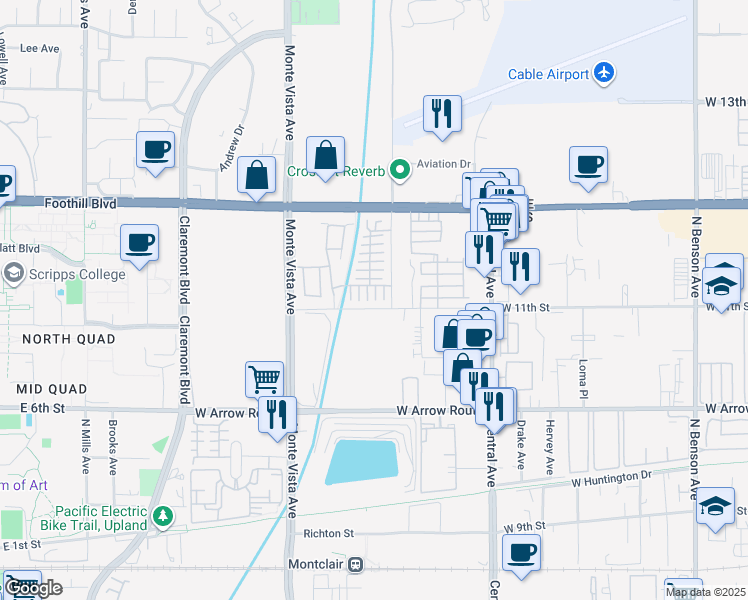 map of restaurants, bars, coffee shops, grocery stores, and more near 819 Plum Way in Upland
