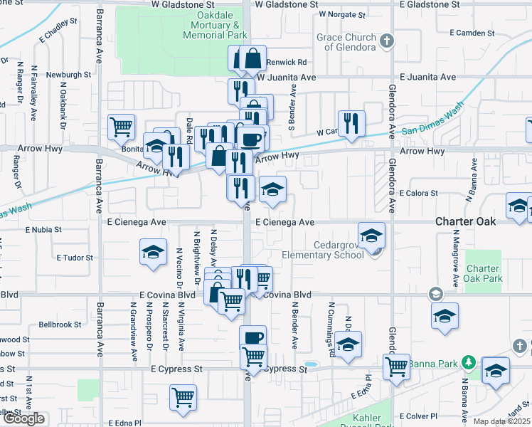 map of restaurants, bars, coffee shops, grocery stores, and more near 19526 East Calora Street in Covina
