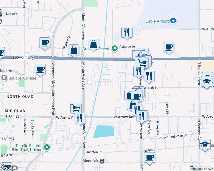 map of restaurants, bars, coffee shops, grocery stores, and more near 819 Plum Way in Upland