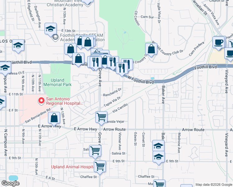 map of restaurants, bars, coffee shops, grocery stores, and more near 8248 Red Hill Country Club Drive in Rancho Cucamonga
