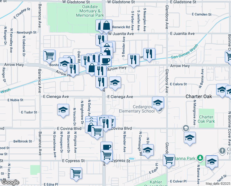 map of restaurants, bars, coffee shops, grocery stores, and more near 19526 East Calora Street in Covina