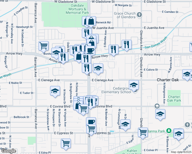 map of restaurants, bars, coffee shops, grocery stores, and more near 19526 East Calora Street in Covina