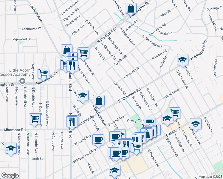 map of restaurants, bars, coffee shops, grocery stores, and more near 812 North Monterey Street in Alhambra