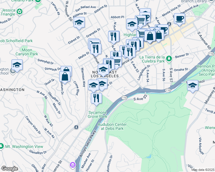 map of restaurants, bars, coffee shops, grocery stores, and more near 134 South Avenue 50 in Los Angeles