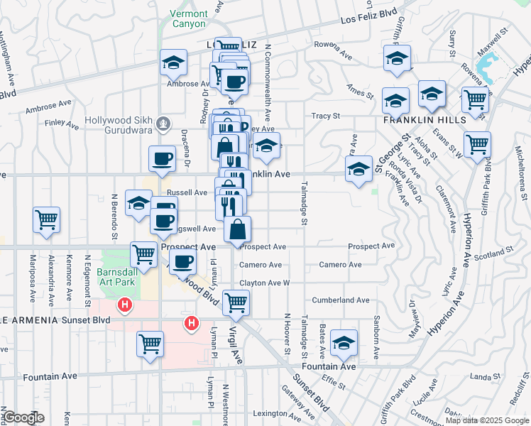 map of restaurants, bars, coffee shops, grocery stores, and more near 1801 North Commonwealth Avenue in Los Angeles