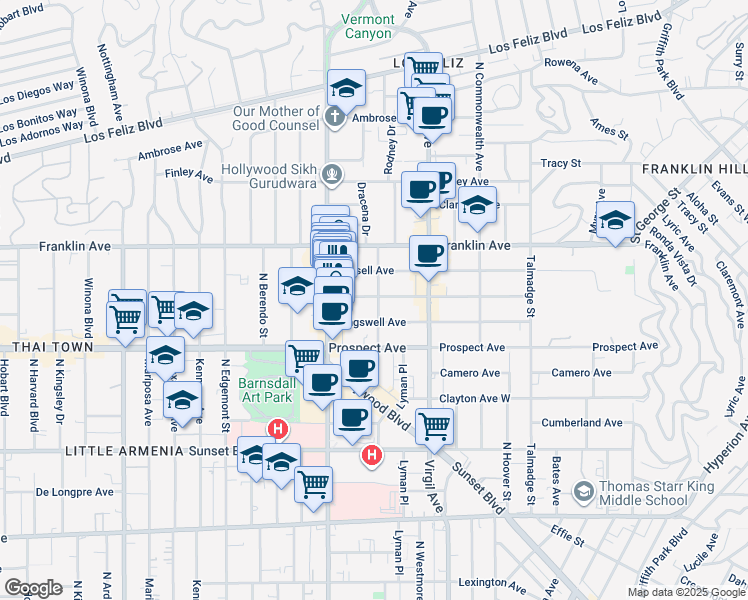 map of restaurants, bars, coffee shops, grocery stores, and more near 4608 Russell Avenue in Los Angeles