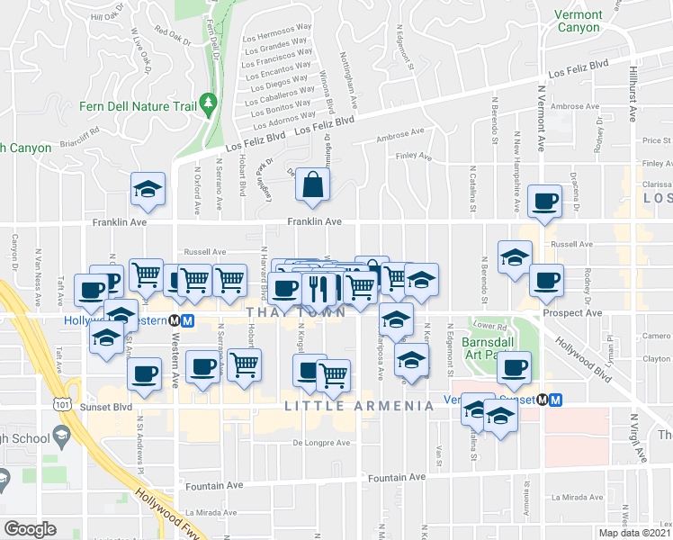 map of restaurants, bars, coffee shops, grocery stores, and more near 1820 3/4 Winona Boulevard in Los Angeles