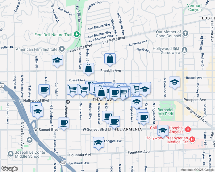 map of restaurants, bars, coffee shops, grocery stores, and more near 1813 North Kingsley Drive in Los Angeles