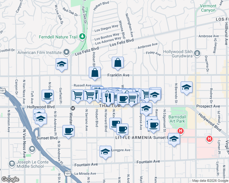 map of restaurants, bars, coffee shops, grocery stores, and more near 1813 North Kingsley Drive in Los Angeles