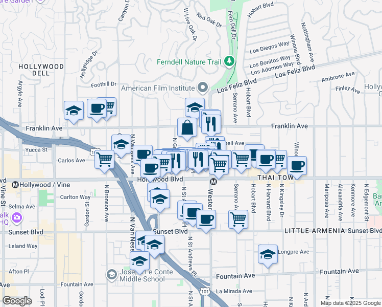 map of restaurants, bars, coffee shops, grocery stores, and more near 1817 Garfield Place in Los Angeles