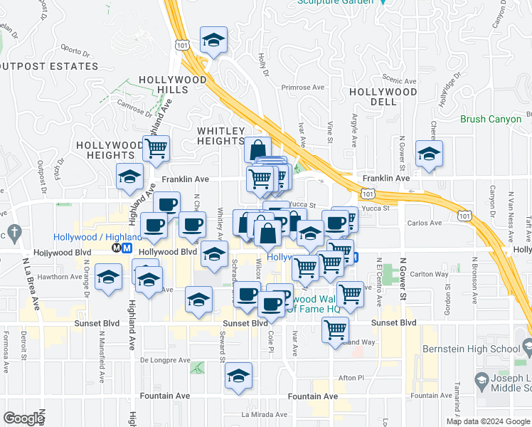 map of restaurants, bars, coffee shops, grocery stores, and more near 6434 Yucca Street in Los Angeles