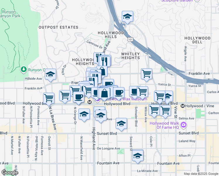 map of restaurants, bars, coffee shops, grocery stores, and more near 6700 Franklin Place in Los Angeles