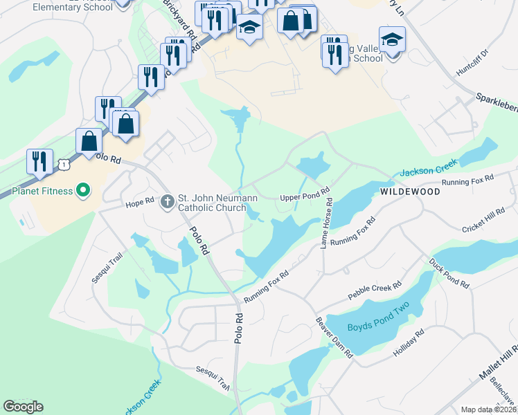 map of restaurants, bars, coffee shops, grocery stores, and more near 12 Upper Pond Road in Columbia