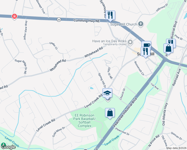 map of restaurants, bars, coffee shops, grocery stores, and more near 780 Old Spring Way Northeast in Sugar Hill