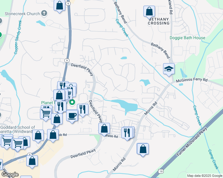 map of restaurants, bars, coffee shops, grocery stores, and more near 415 Feyston Court in Alpharetta