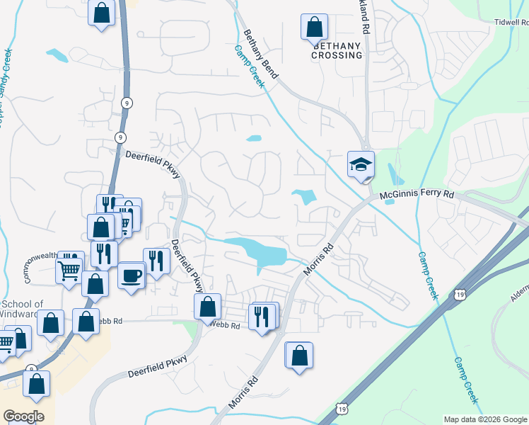map of restaurants, bars, coffee shops, grocery stores, and more near 3542 Avensong Village Circle in Alpharetta
