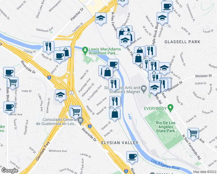 map of restaurants, bars, coffee shops, grocery stores, and more near Blake Ave & Denby Ave in Los Angeles
