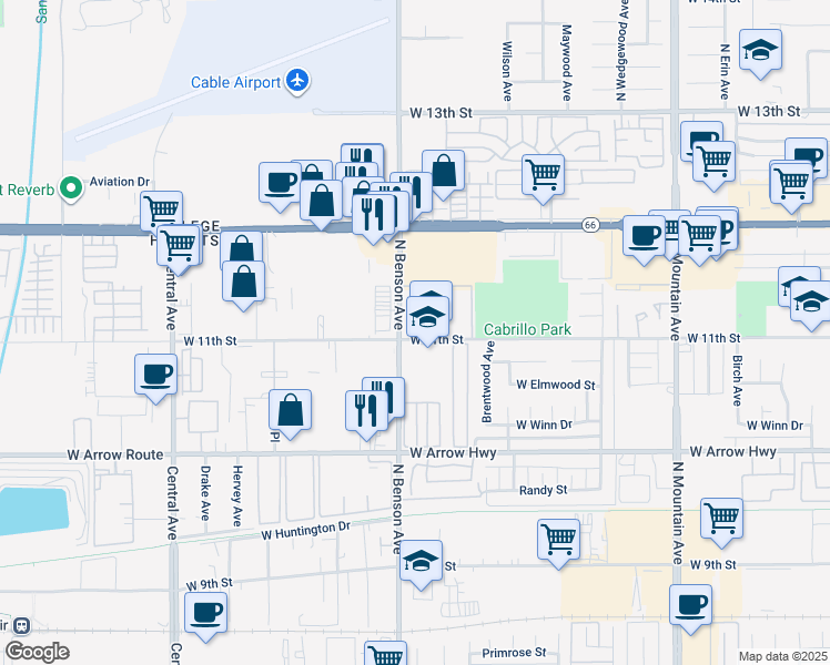 map of restaurants, bars, coffee shops, grocery stores, and more near 850 North Benson Avenue in Upland