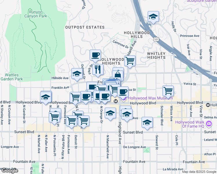 map of restaurants, bars, coffee shops, grocery stores, and more near 1767 Orchid Avenue in Los Angeles