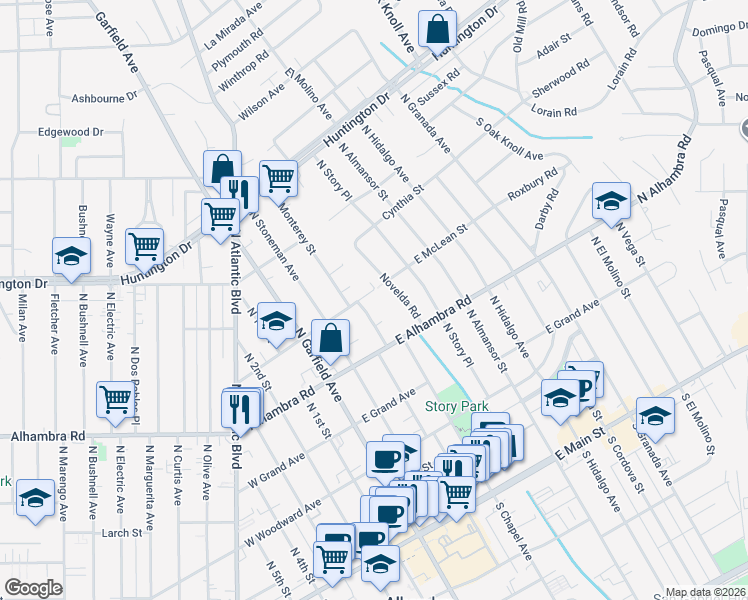 map of restaurants, bars, coffee shops, grocery stores, and more near 812 North Monterey Street in Alhambra