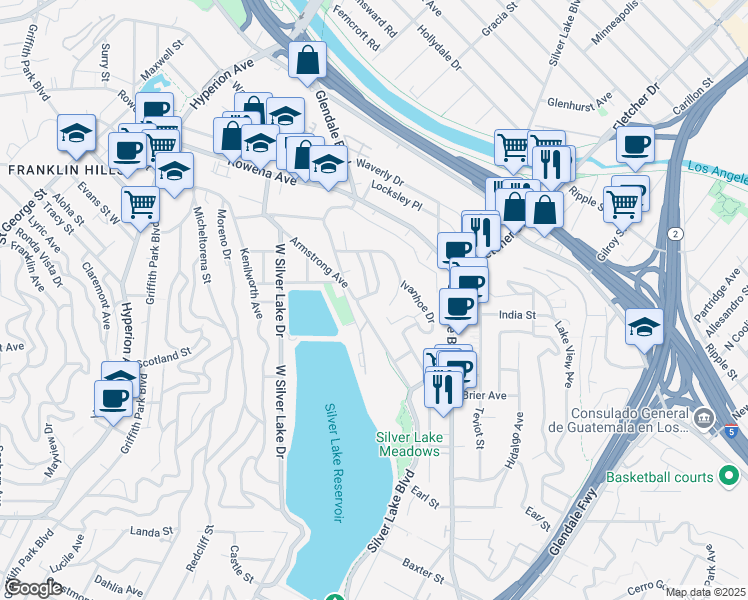 map of restaurants, bars, coffee shops, grocery stores, and more near 2618 Lake View Terrace East in Los Angeles