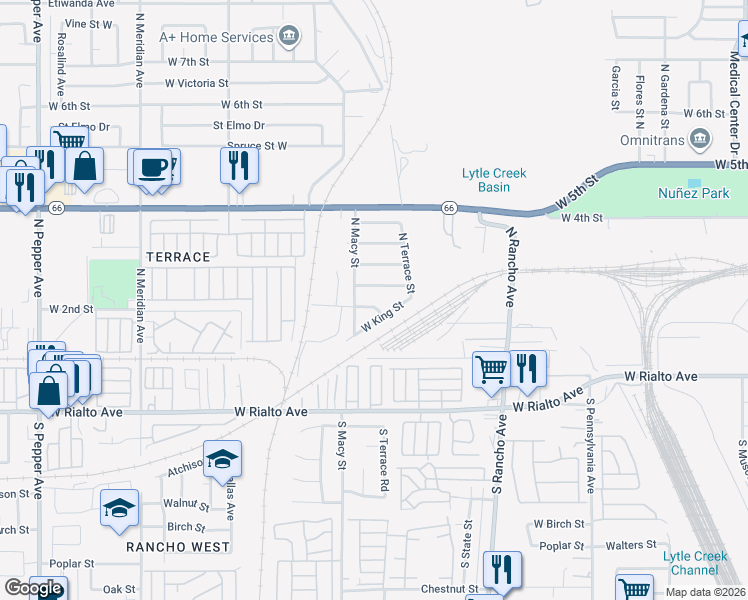 map of restaurants, bars, coffee shops, grocery stores, and more near 2297 Broadway Street in San Bernardino