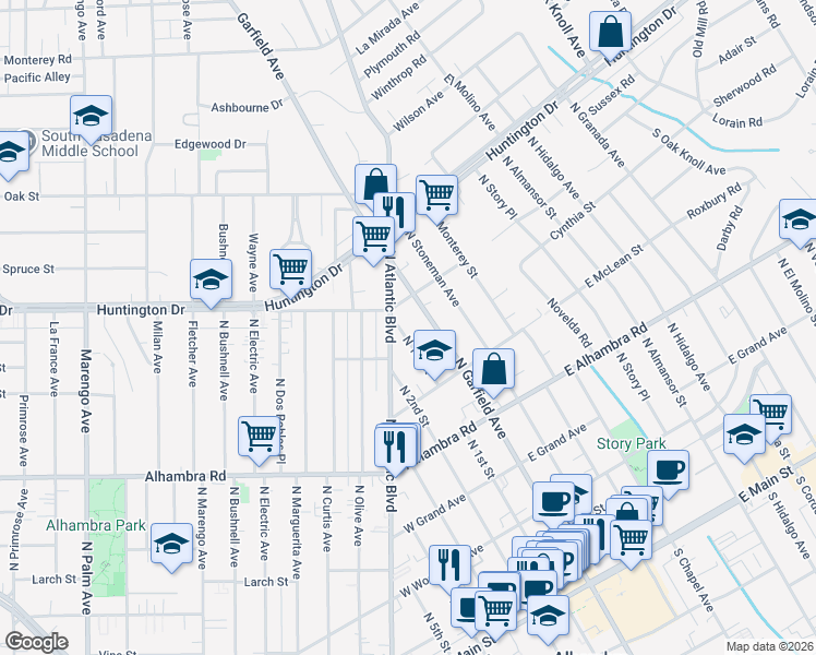 map of restaurants, bars, coffee shops, grocery stores, and more near 920 North 1st Street in Alhambra