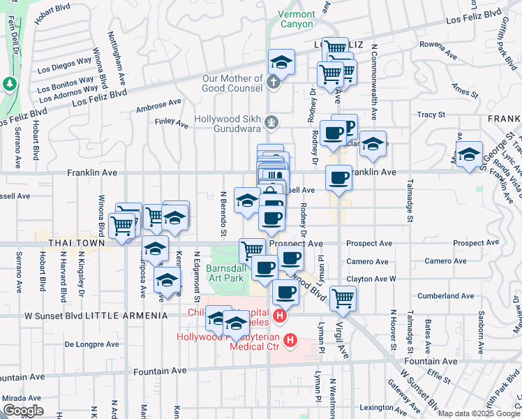map of restaurants, bars, coffee shops, grocery stores, and more near 1777 North Vermont Avenue in Los Angeles