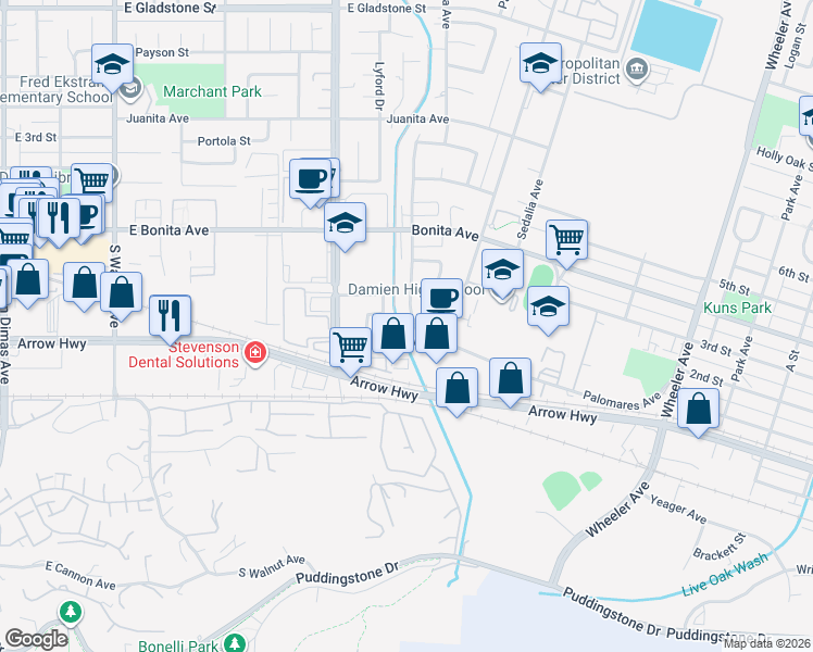 map of restaurants, bars, coffee shops, grocery stores, and more near 2025 Pattiglen Avenue in La Verne
