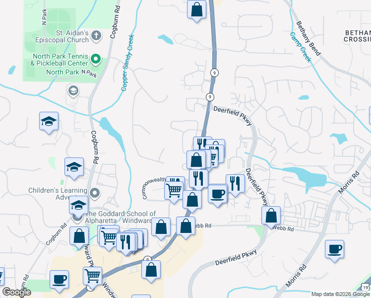 map of restaurants, bars, coffee shops, grocery stores, and more near 13251 Marrywood Drive in Alpharetta