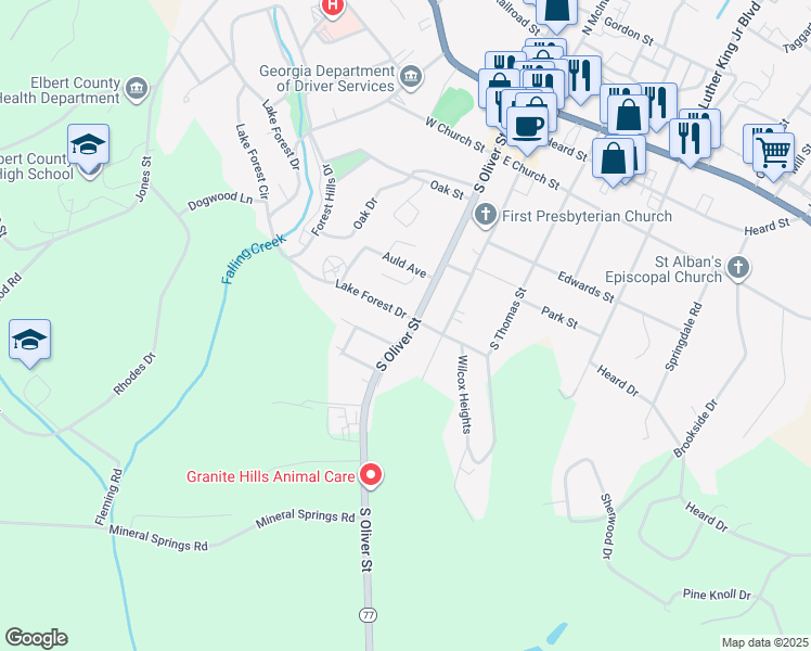 map of restaurants, bars, coffee shops, grocery stores, and more near 304 South Oliver Street in Elberton