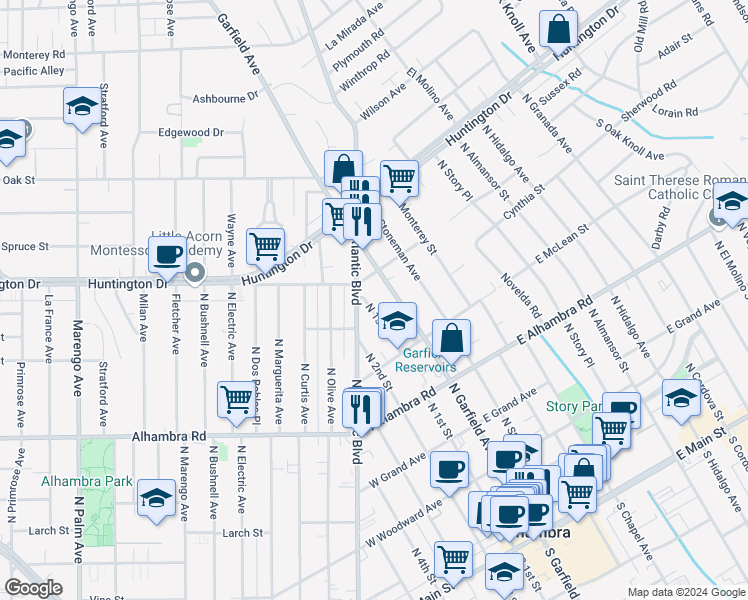 map of restaurants, bars, coffee shops, grocery stores, and more near 920 North 1st Street in Alhambra